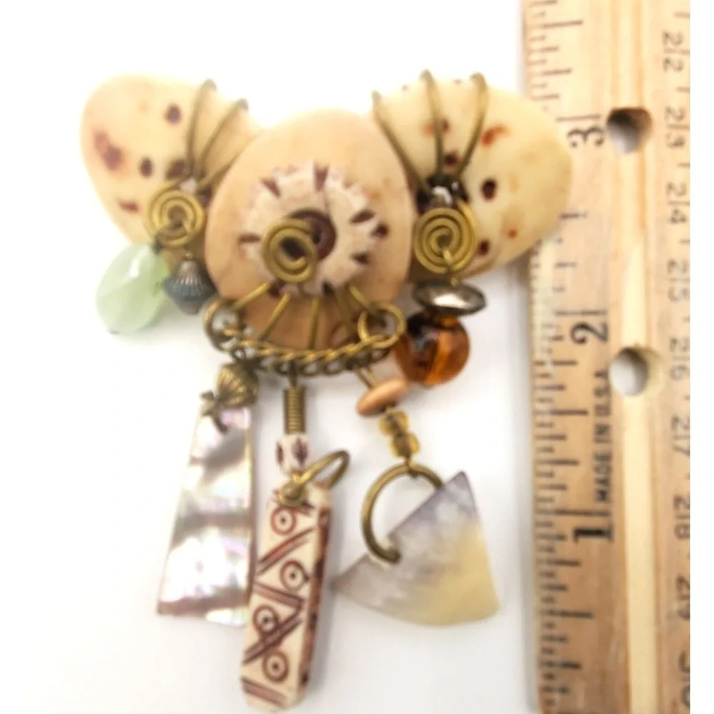 Vintage Artisan Mixed Media Brooch OOAK Organic Shell Seed Pod Pin